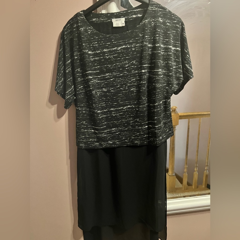 DKNY long shirt bottom is chiffon and top is cotton black with white